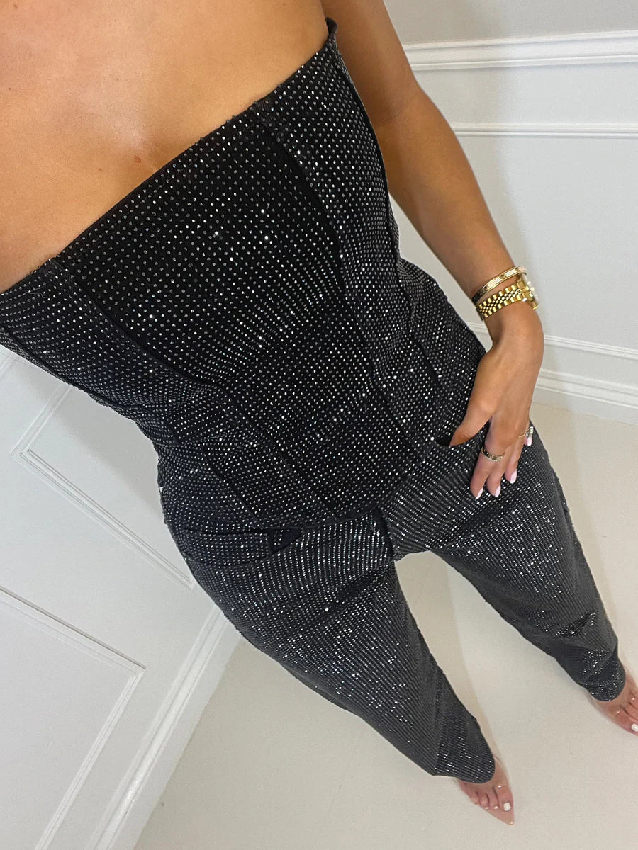 Premium Diamanté High Waisted Denim Jeans Tube Top Set