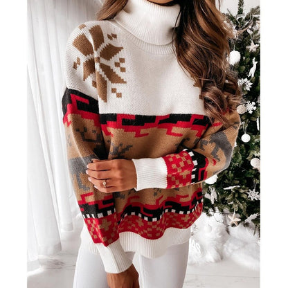 Knit Pullover with Embroidered Reindeer and Snowflake Design