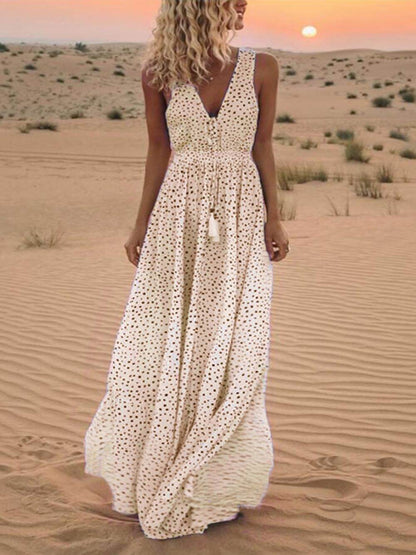 Bohemian V-Neck Sleeveless Polka-Dot Maxi Dress