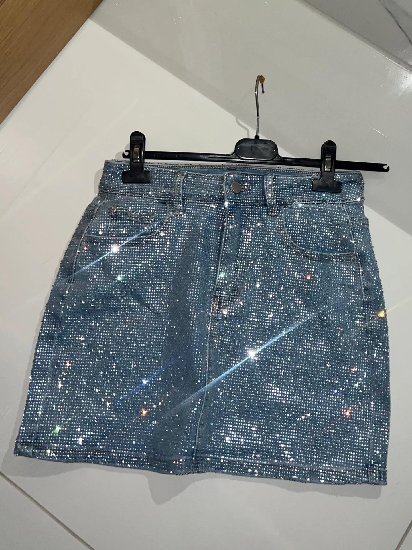 Stretchy Diamanté Denim Mini Skirt