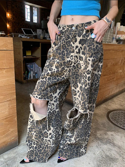 Vintage Leopard Print High Waist Straight Leg Ripped Jeans