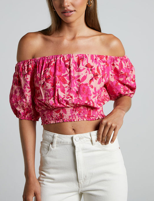 Off Shoulder Puff Sleeve Shirred Top In Pink Floral