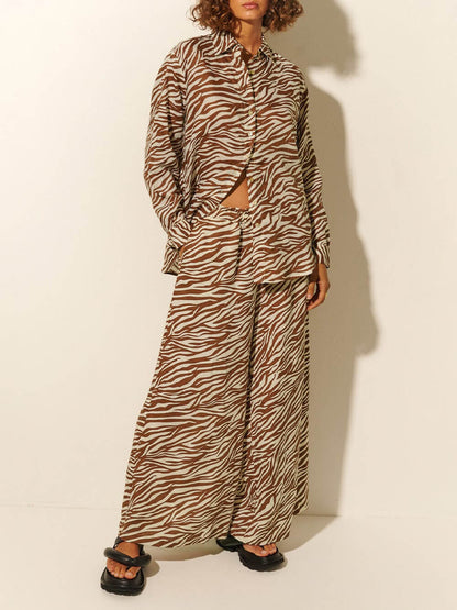 Button Open Collar Loose Zebra Print Drawstring Wide Leg Pants-Set