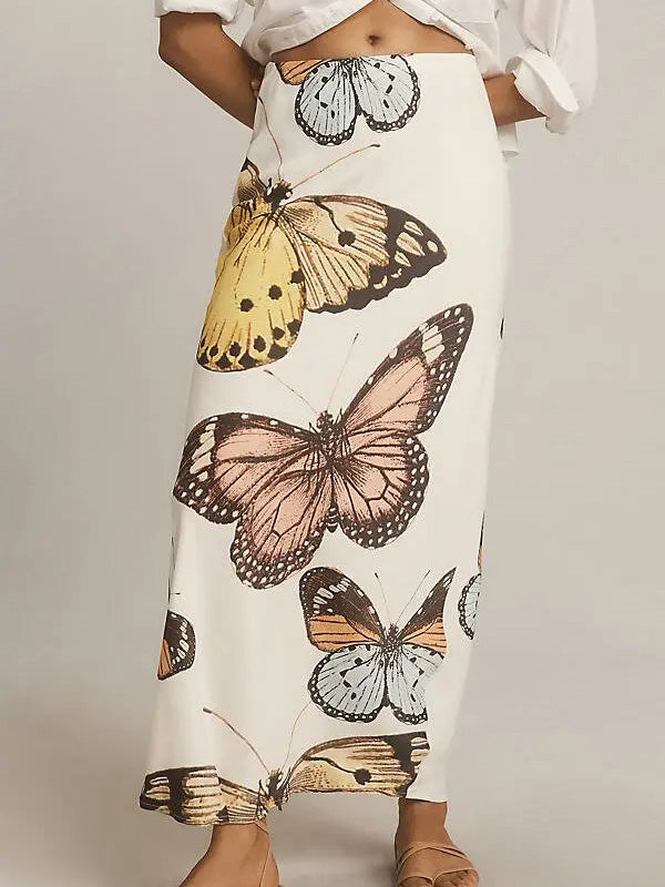 Short Cashmere Sweater & Butterfly Print Maxi Skirt