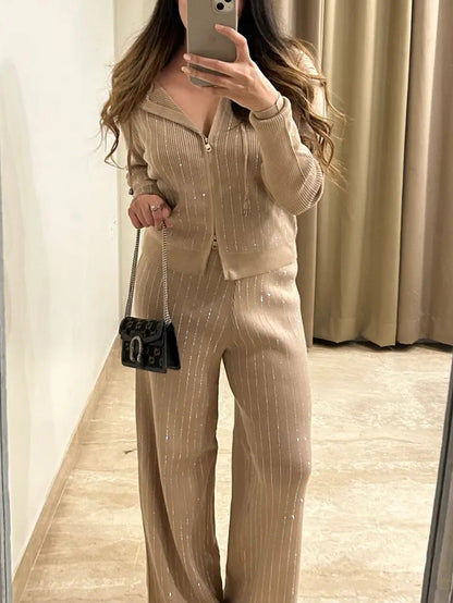 Shiny Silk Hooded Knit Cardigan Pants Set