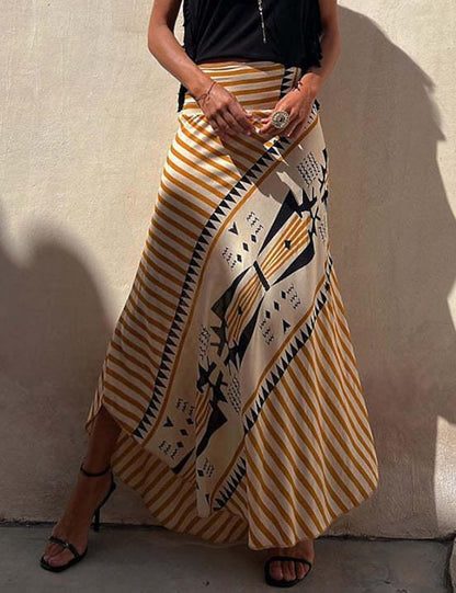 High Waist Stripes Splice Printed Maxi Irregular Skirt