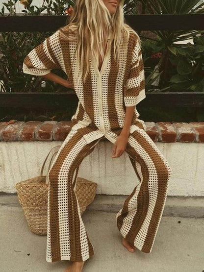 Fashion Loose V-Neck Hollow Out Striped Shirt Wide Leg Pants Set