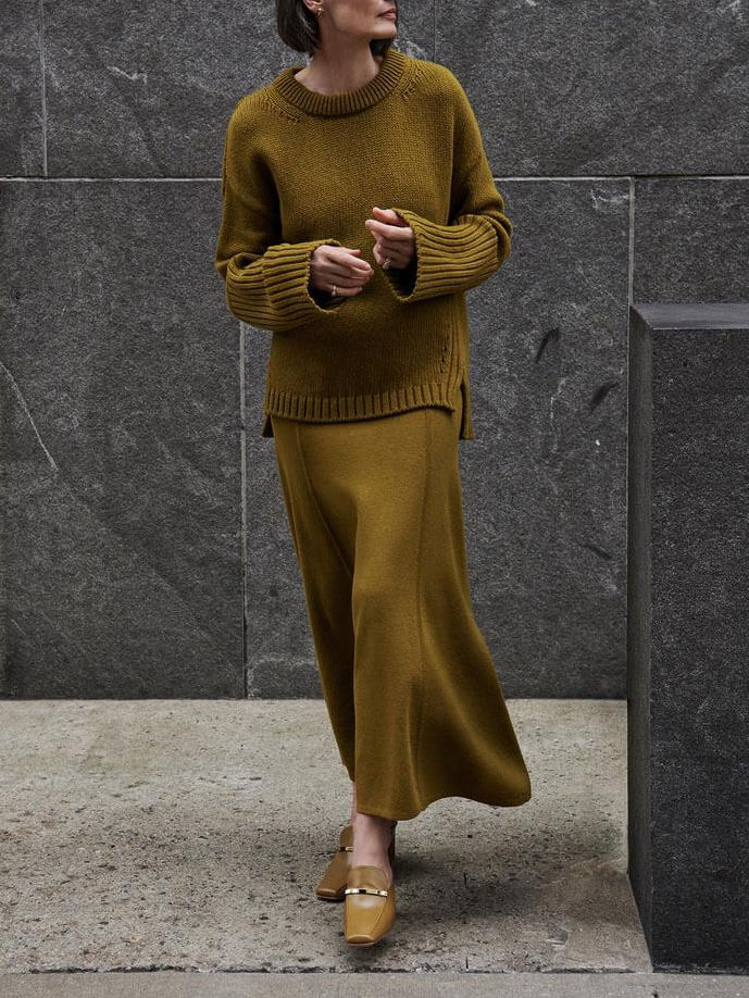 High-Cuff Crewneck Sweater Skirt Set