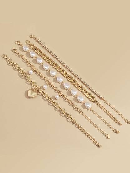 Metal Chain and Pearl Layered Bracelet Set