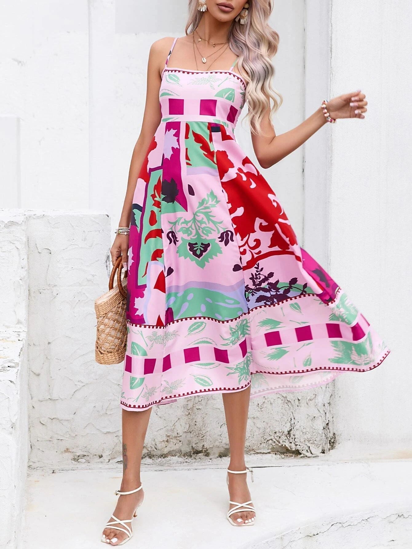 Patchwork Slip Maxi Dress: Abstract Colorful Printed