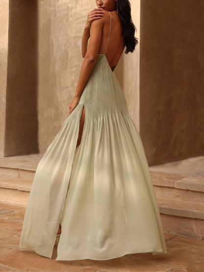 Ethereal Elegance Pleated Patchwork Slit Maxi Dress