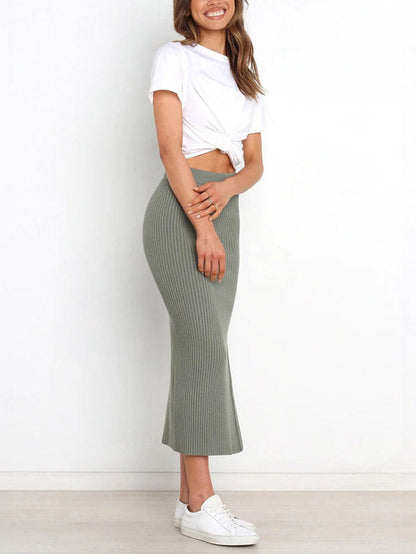 Grey Ribbed Knit Midi Skirts