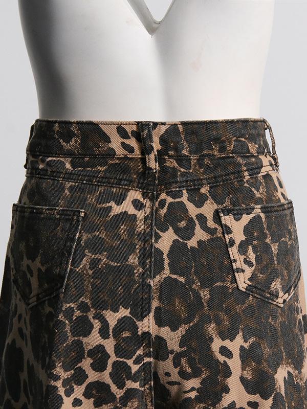 Vintage Leopard Print High Waist Straight Leg Ripped Jeans