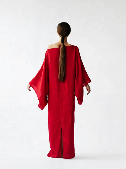 Crimson Linen Breeze Kimono Dress